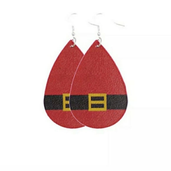 Red Leather Teardrop Santa Belt Dangle Drop Earrings - Picture 5 of 5